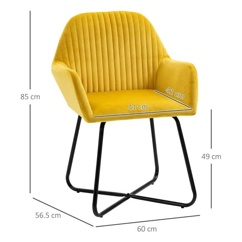 Yellow accent chair with cushioned seat, curved arms, vertical channel back, black metal base