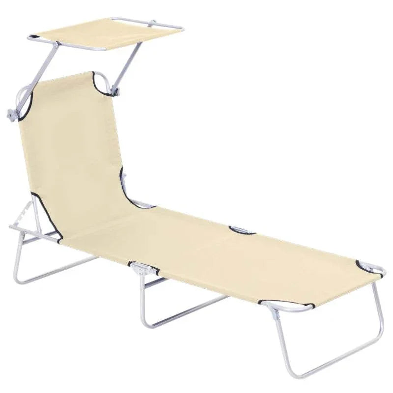 Beige reclining sun lounger chair with adjustable backrest and curved armrest supports