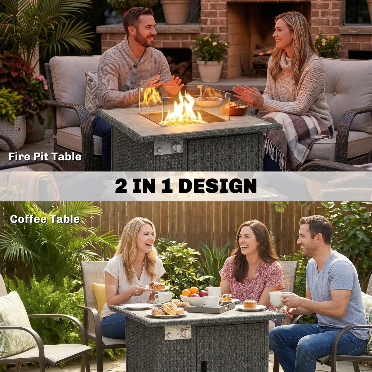 Dark grey rattan gas fire pit dining table seating friends around the flame