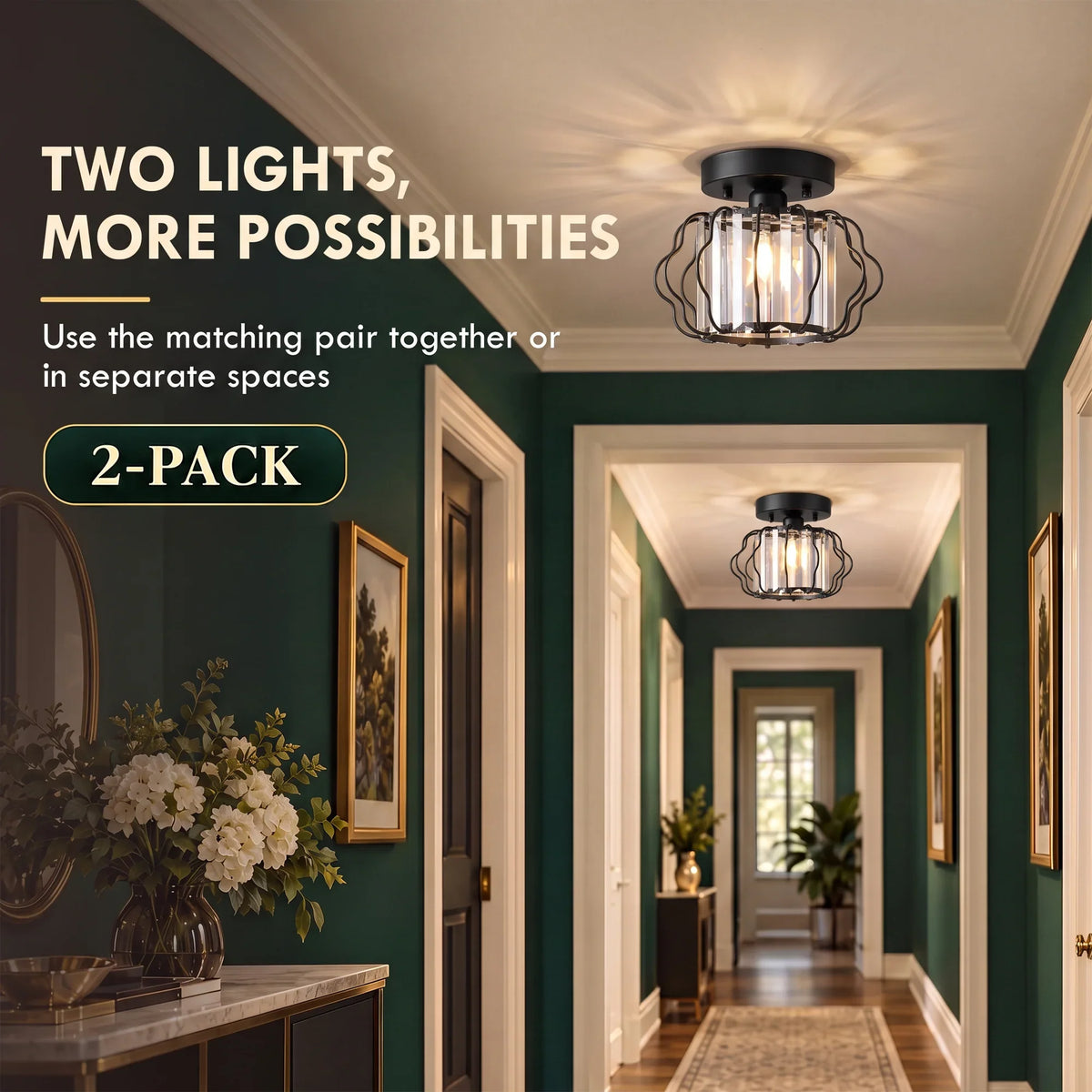 Black semi-flush mount ceiling lights, two-pack, shown on a hallway ceiling