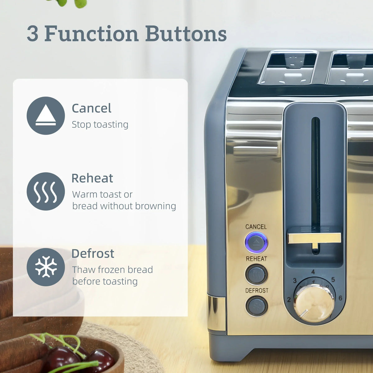 Blue 4-slice toaster front panel with three function buttons