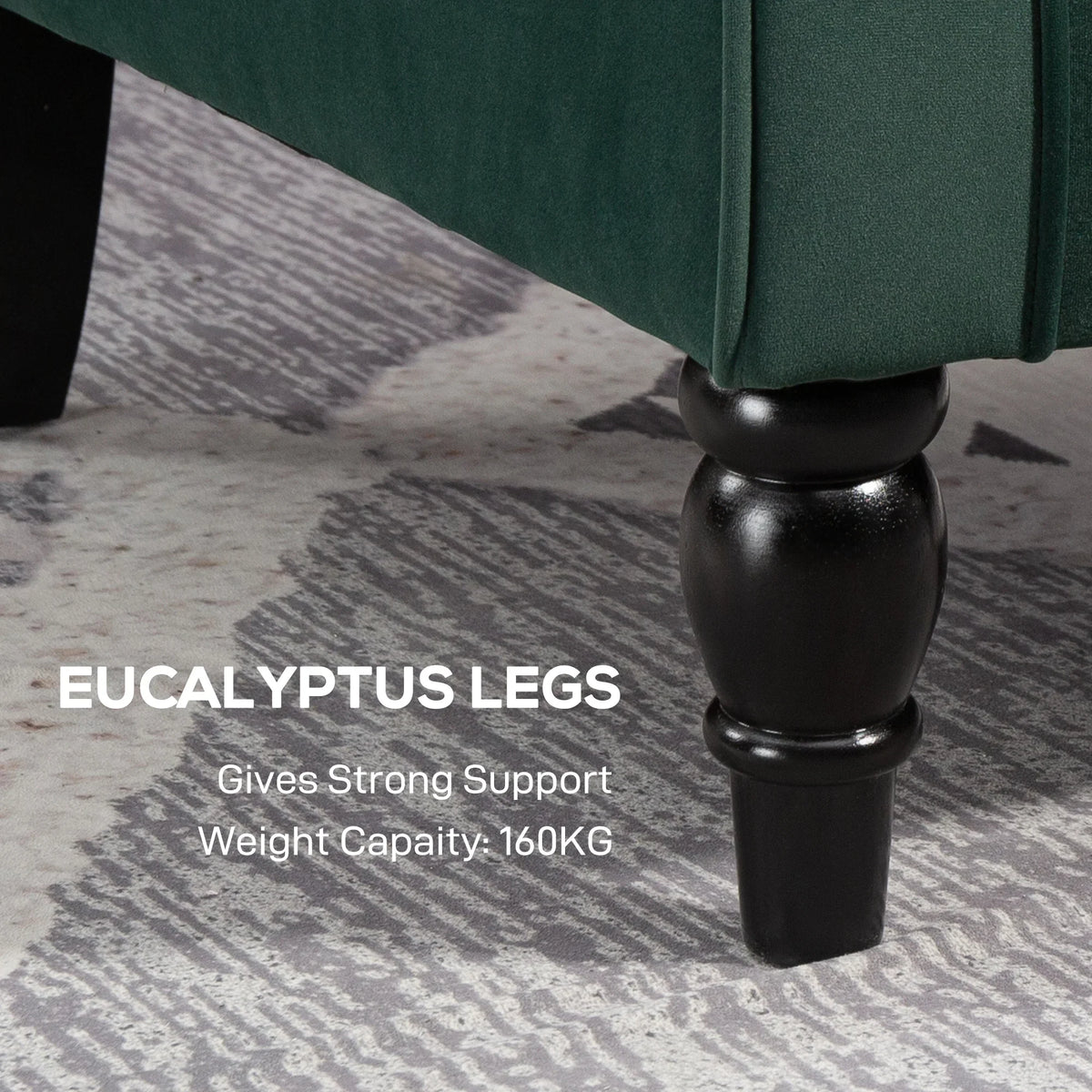 Close-up of dark turned legs under a green wingback accent chair