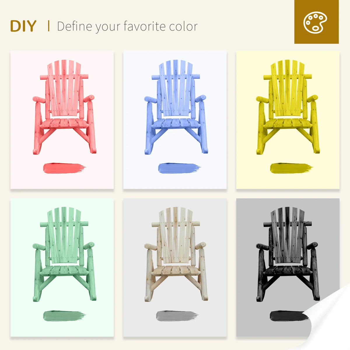 Set of colored wooden rocking chair options: pink, blue, yellow, green, gray, black