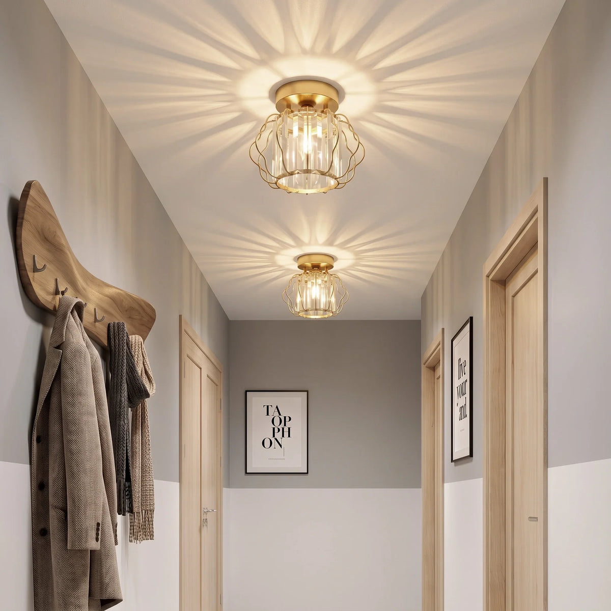 Gold semi-flush ceiling light with clear crystal bar glass and ornate metal loops