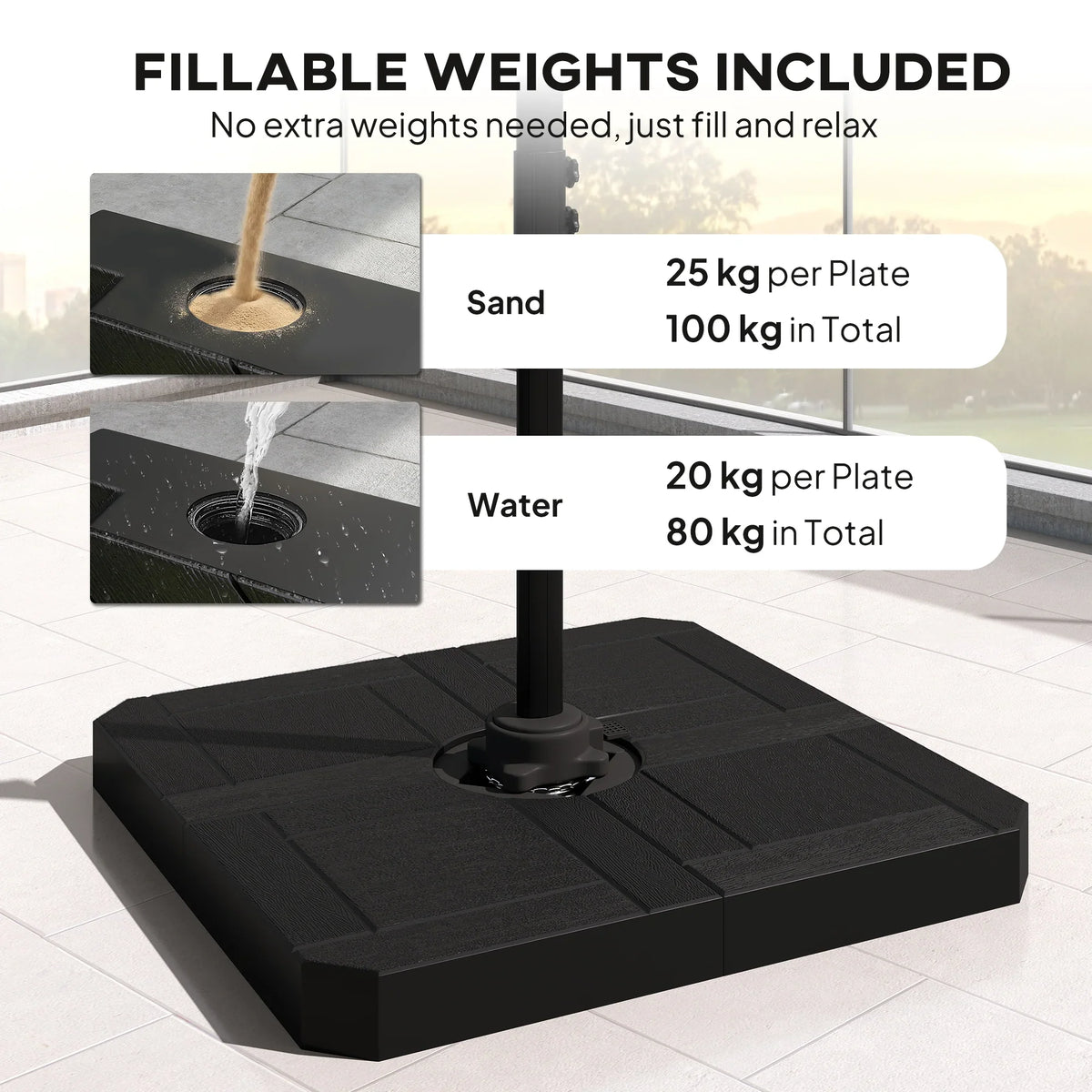 Black square umbrella weight base with central pole mount on smooth patio surface