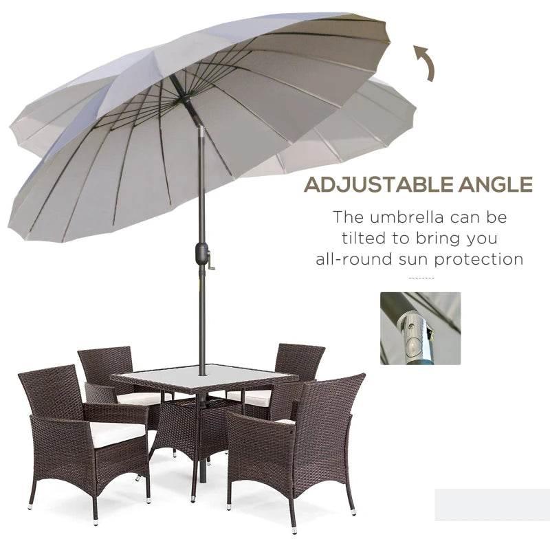 Light grey tilting outdoor umbrella above dark patio dining set