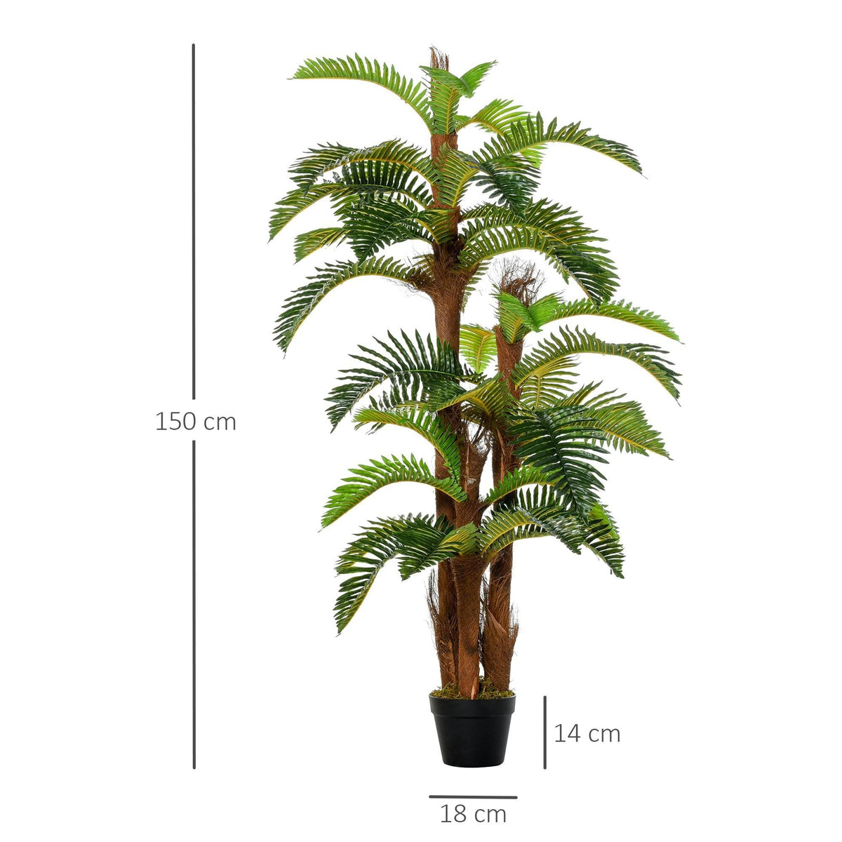 Artificial tropical palm plant in black pot with green fronds and brown trunk, 150 cm