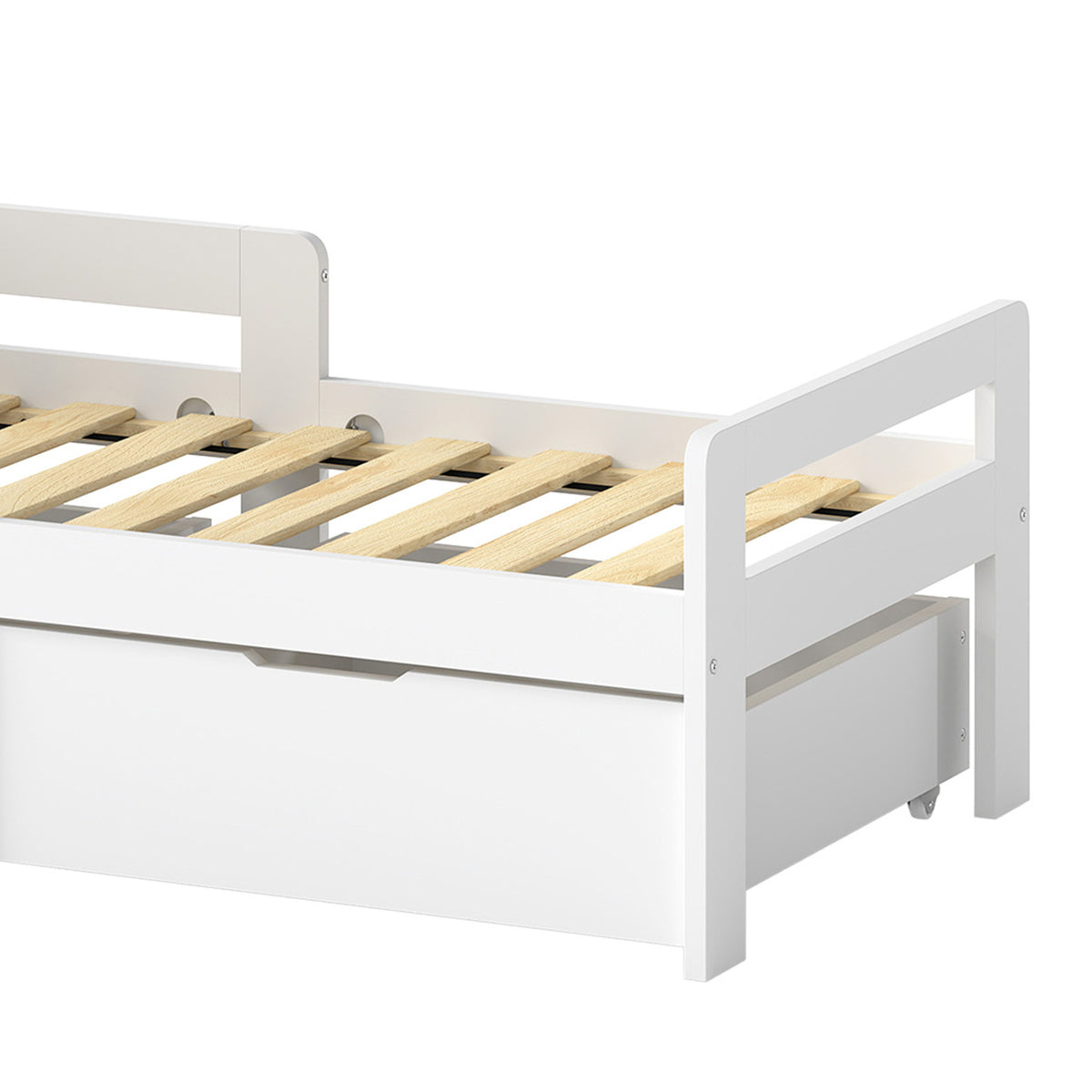 White end view of kids wooden bed frame with guard rail and slatted mattress base