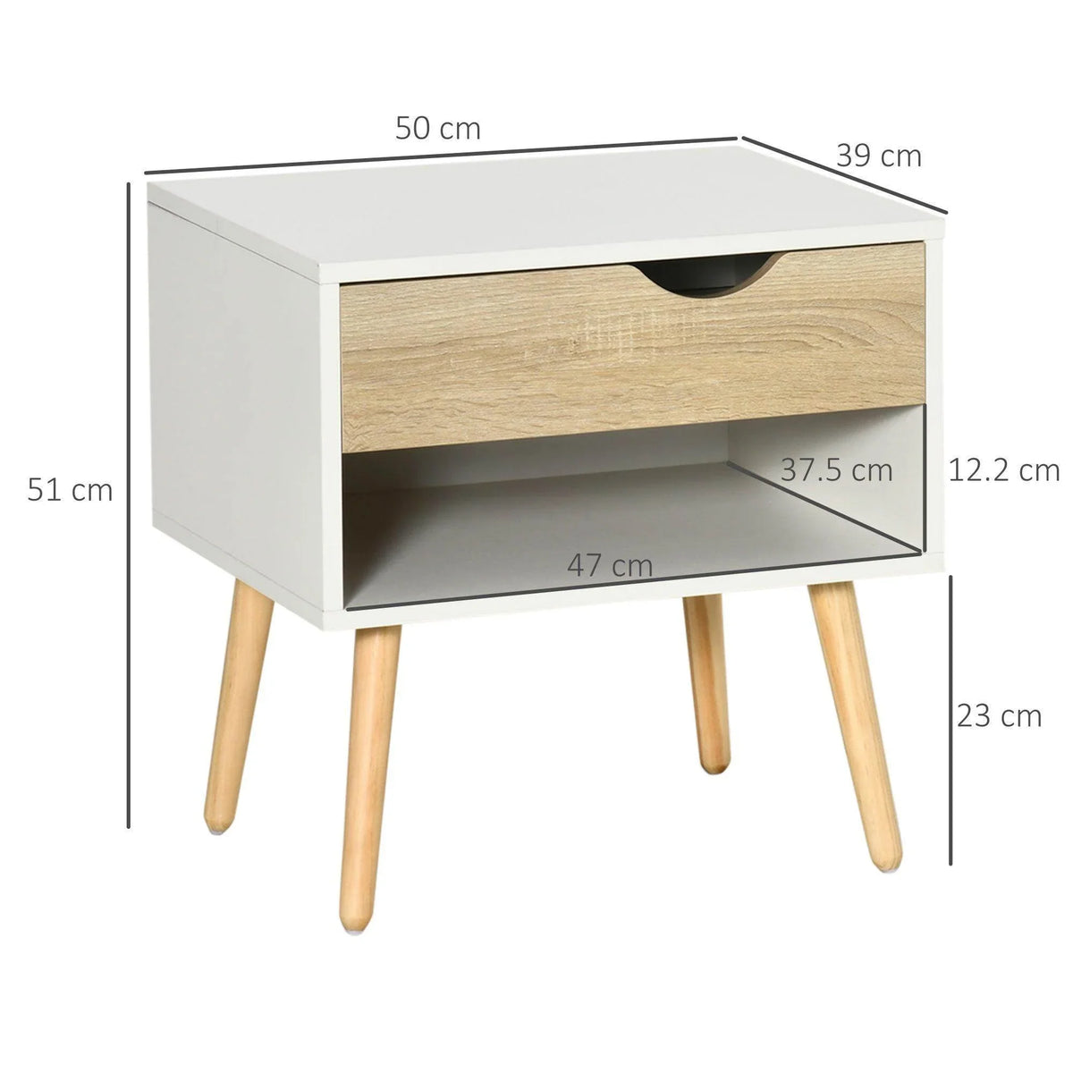 White nightstand with light wood top, front drawer, and open shelf; tapered wood legs