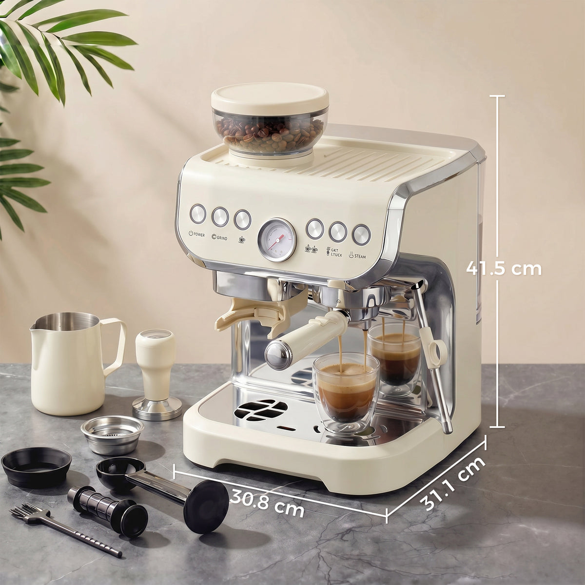 Cream white coffee machine with side controls, cup area, and drip tray with espresso shots