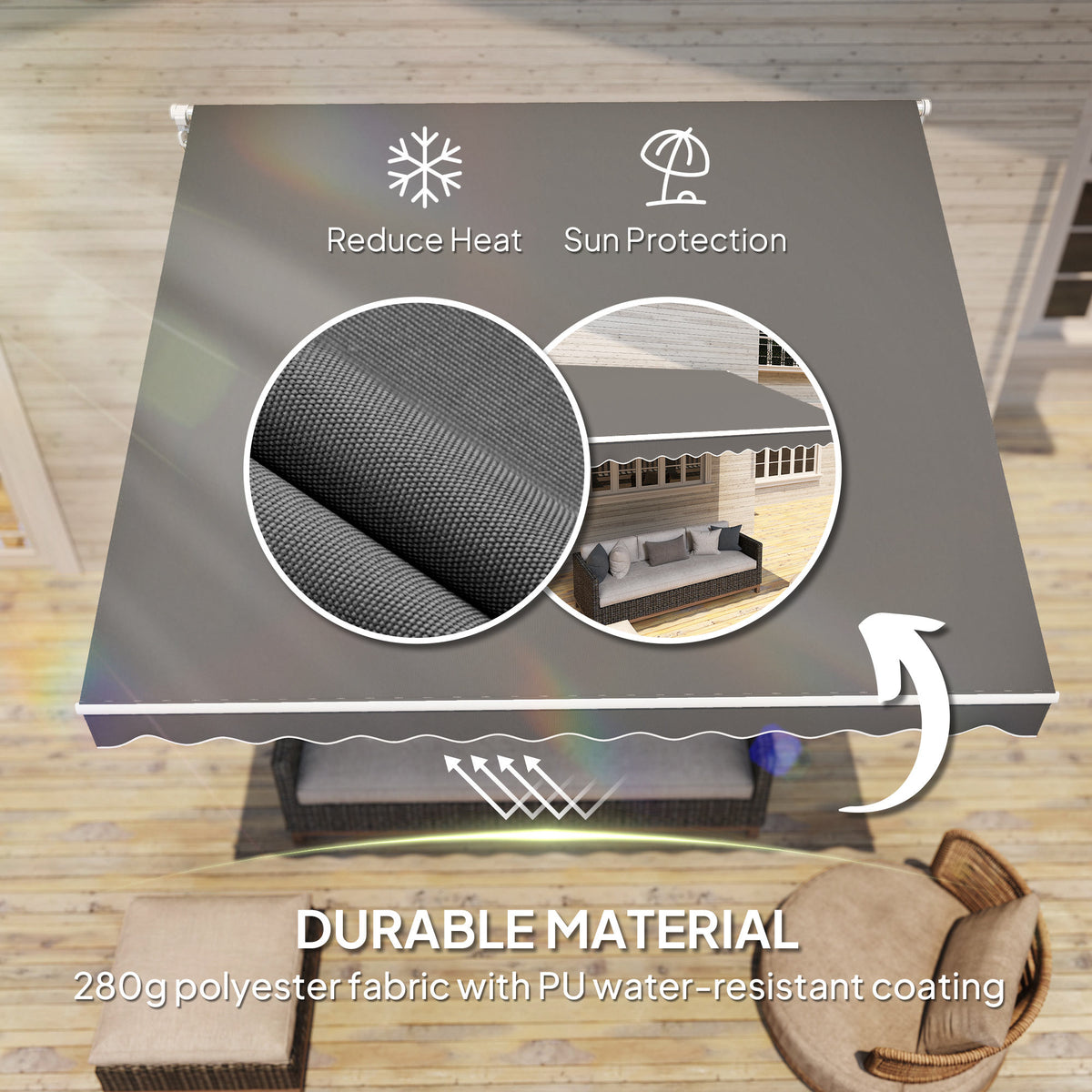 Durable awning fabric: 280 g polyester with PU water-resistant coating