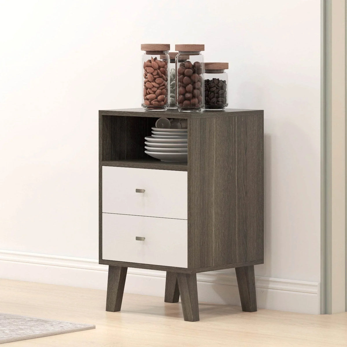 Dark wood nightstand with white drawer fronts and an open shelf for jars and plates.