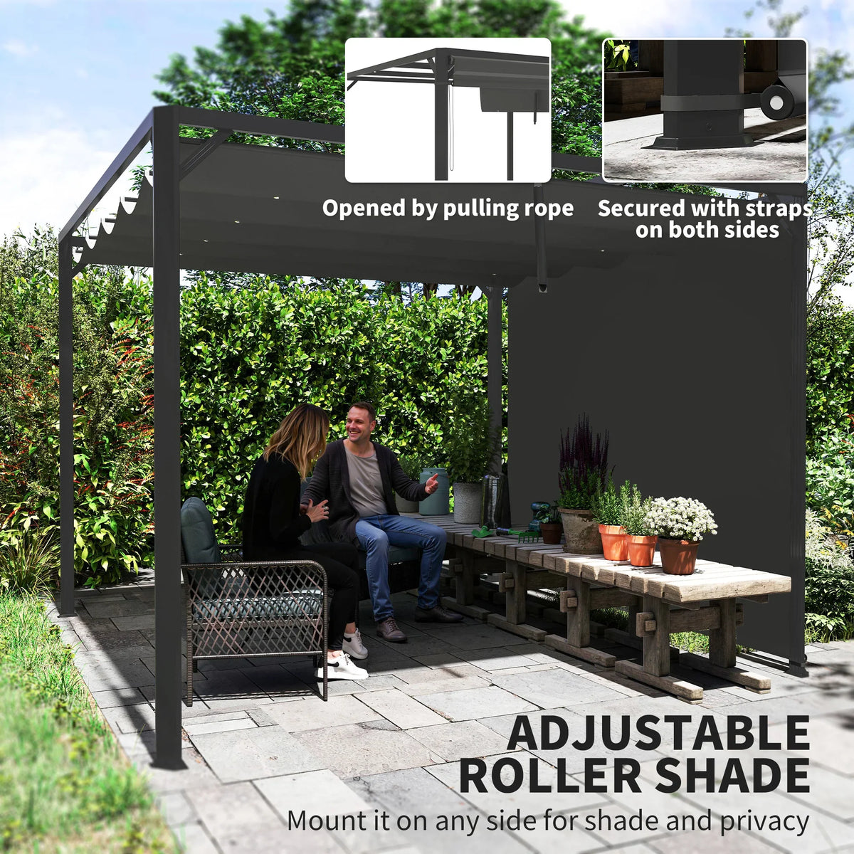Retractable pergola canopy opened by pulling rope, secured with straps, adjustable shade
