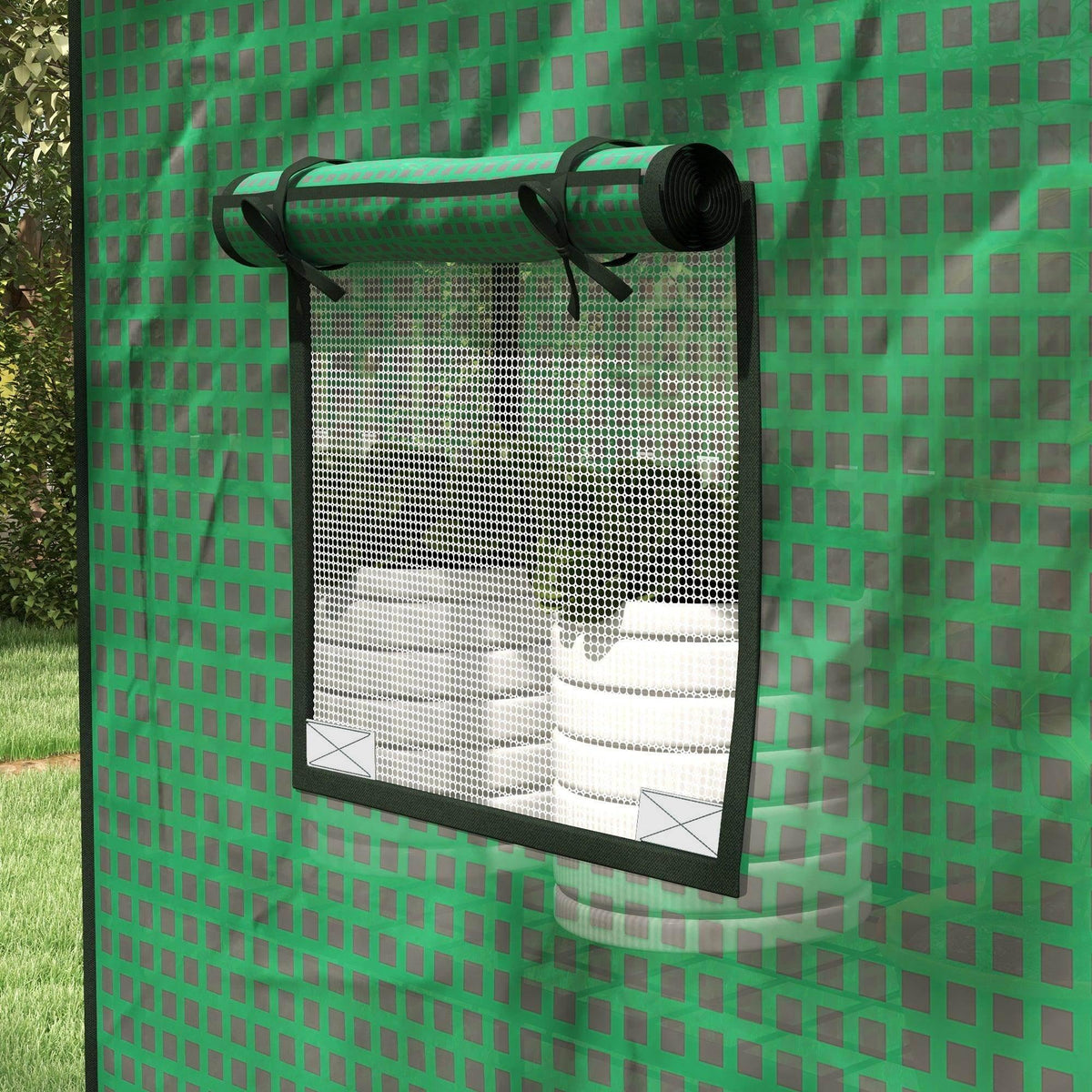 Green PE greenhouse cover window with rolled roll-up door and black frame