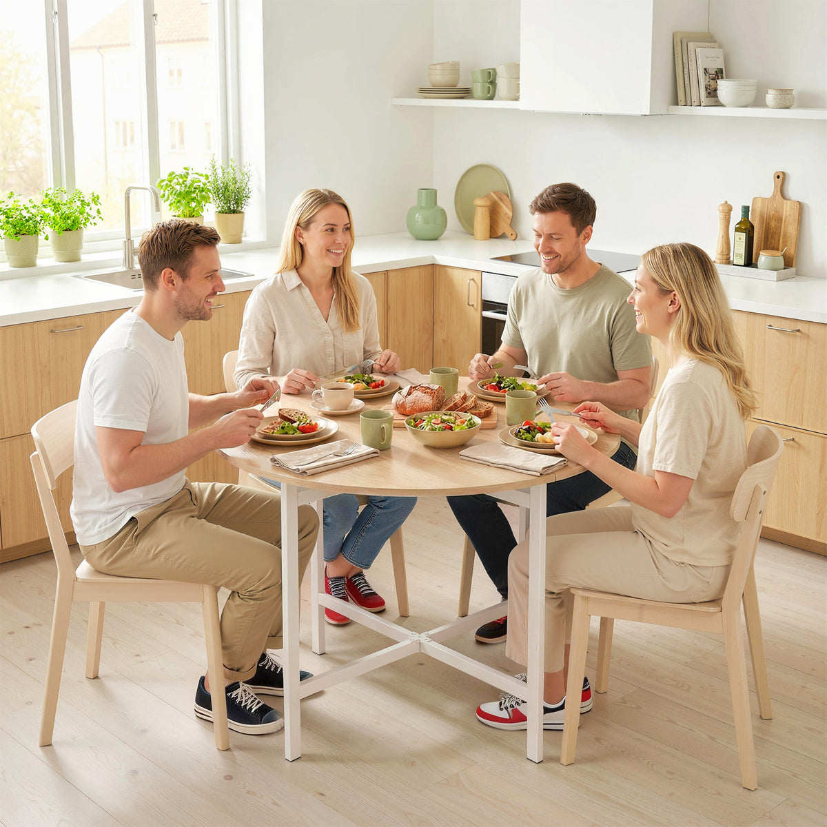 Natural wood round dining table with white legs, set for four people