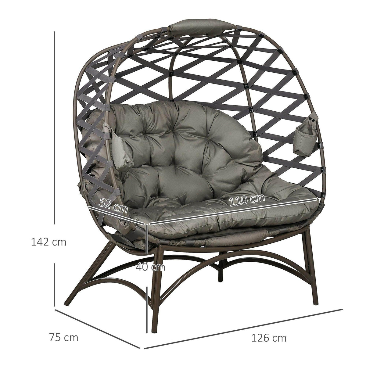 Egg chair with dark woven base, tufted gray cushion, side cup pockets