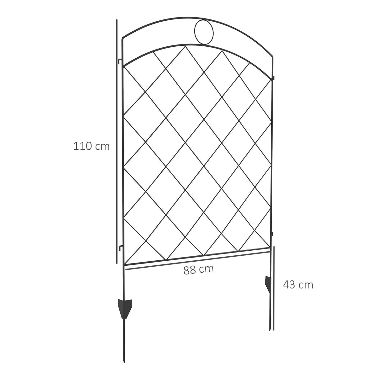 Arched-top steel fence panel with diamond lattice and pointed ground stakes.