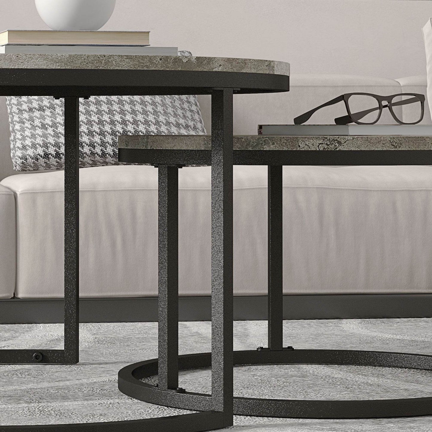 HOMCOM Stylish Round Nesting Coffee Table Duo with Faux Cement Finish and Sturdy Steel Base - ALL4U RETAILER LTD