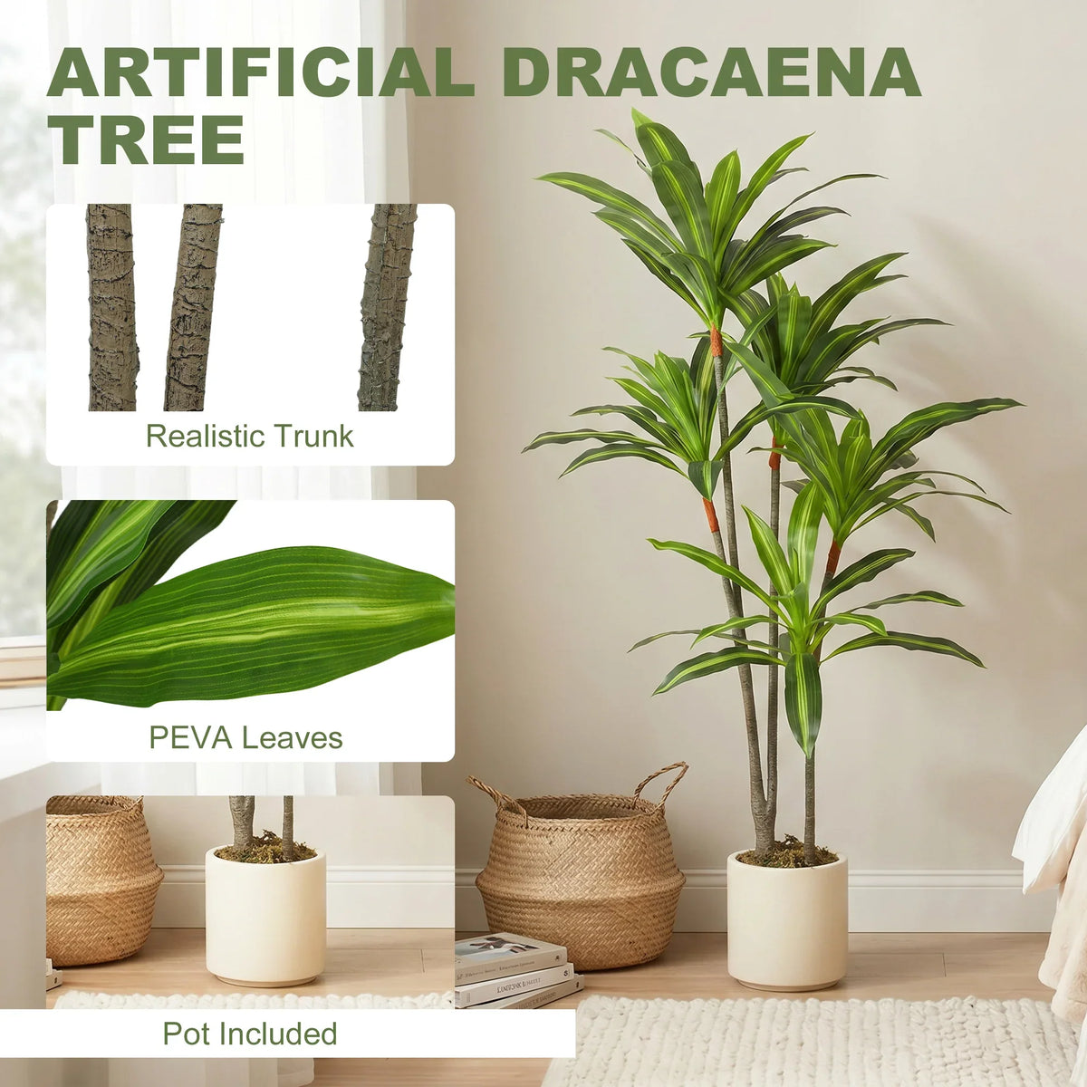 HOMCOM artificial dracaena tree with lifelike trunk and green leaves in white pot