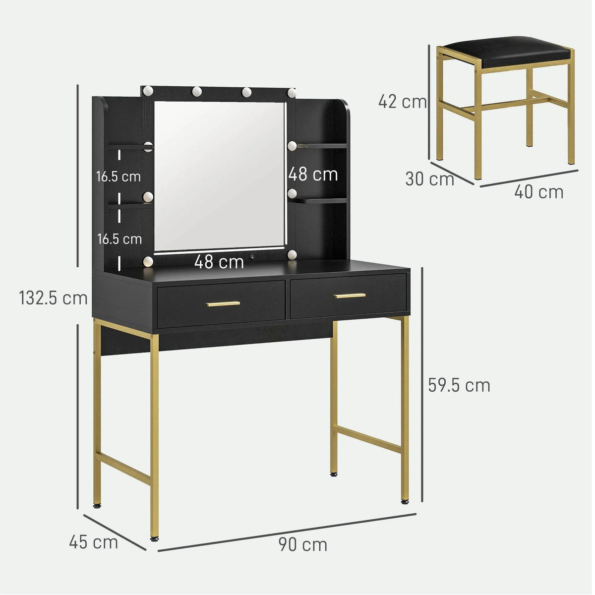 Black makeup vanity set with lighted mirror, drawers, and gold legs—size diagram