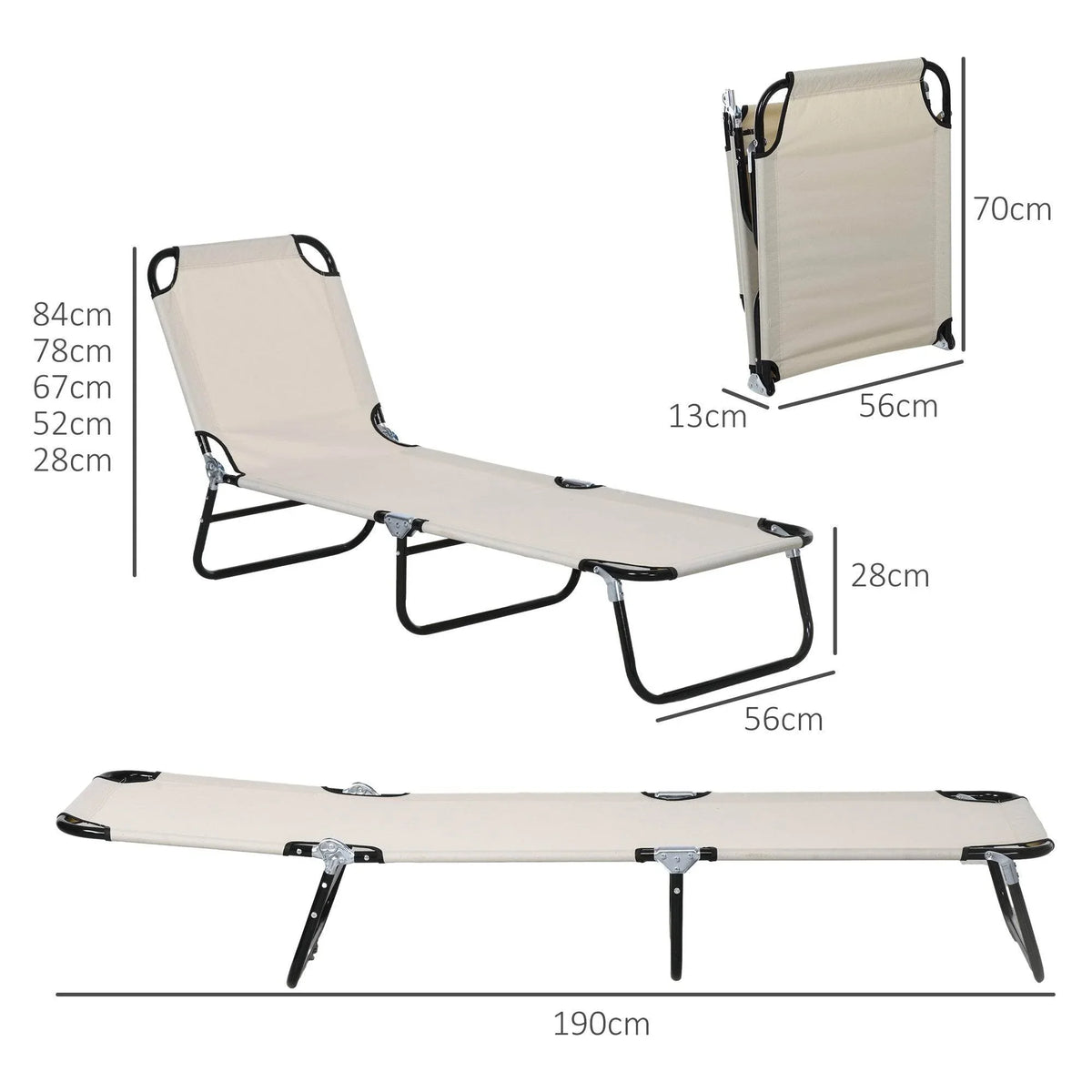 Cream adjustable outdoor sun lounger with black steel legs and five-position reclining backrest
