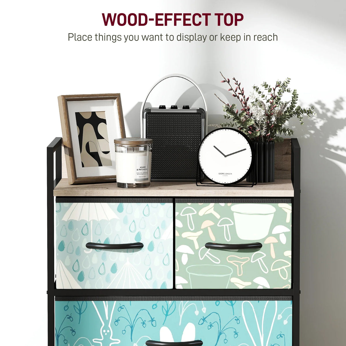 Wood-effect top 4-drawer chest with blue patterned fabric drawers and black frame