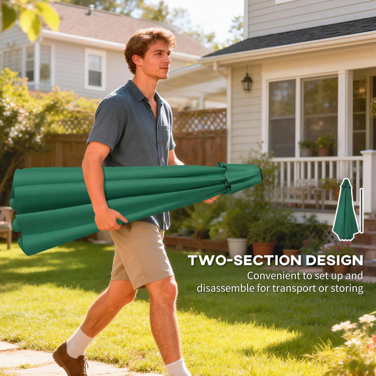 Green garden parasol with two-section design for easy transport and storage