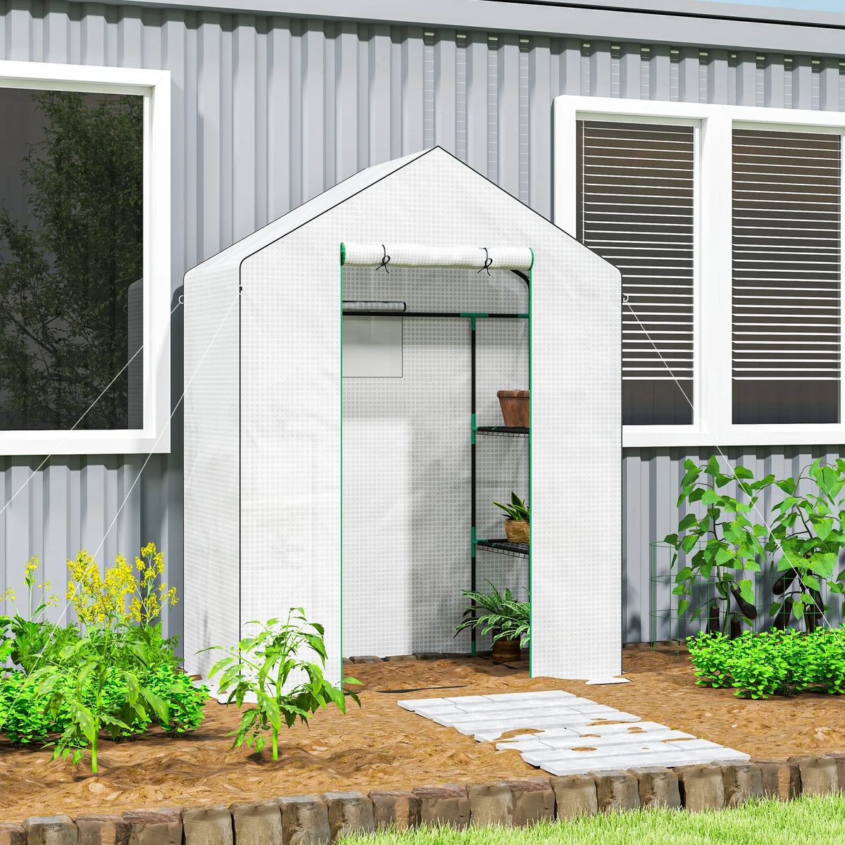 White walk-in greenhouse with roll-up door and 3-tier shelves, UV-resistant cover