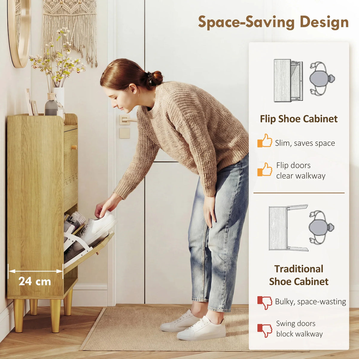 Oak flip shoe cabinet with two drawers; person loading shoes into an open compartment