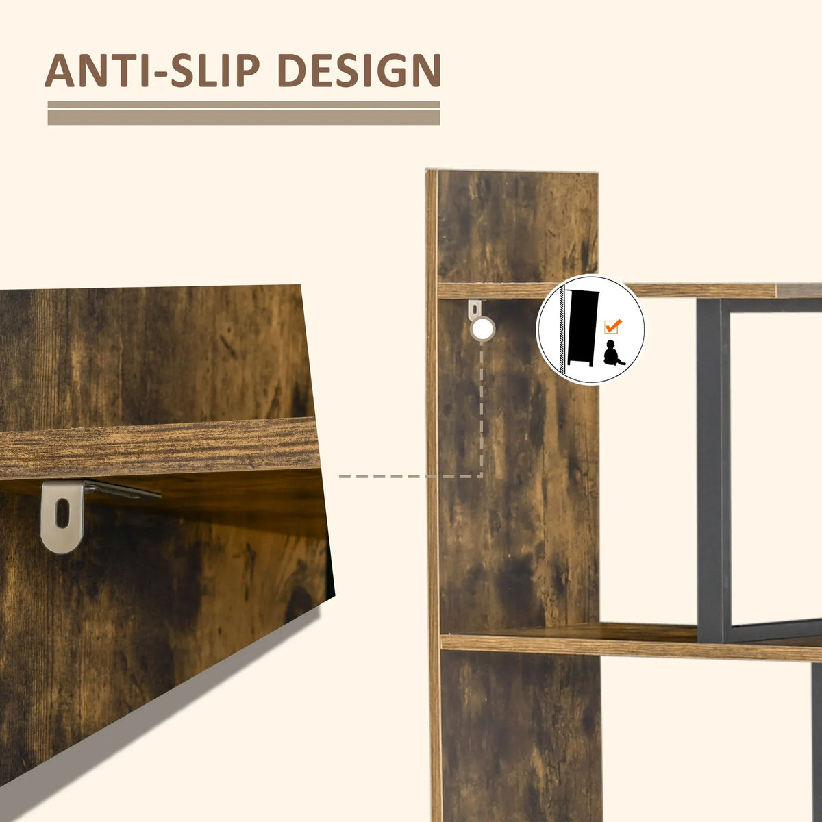 Close-up of ladder bookshelf shelf corners and base, anti-slip style hardware on rustic brown wood