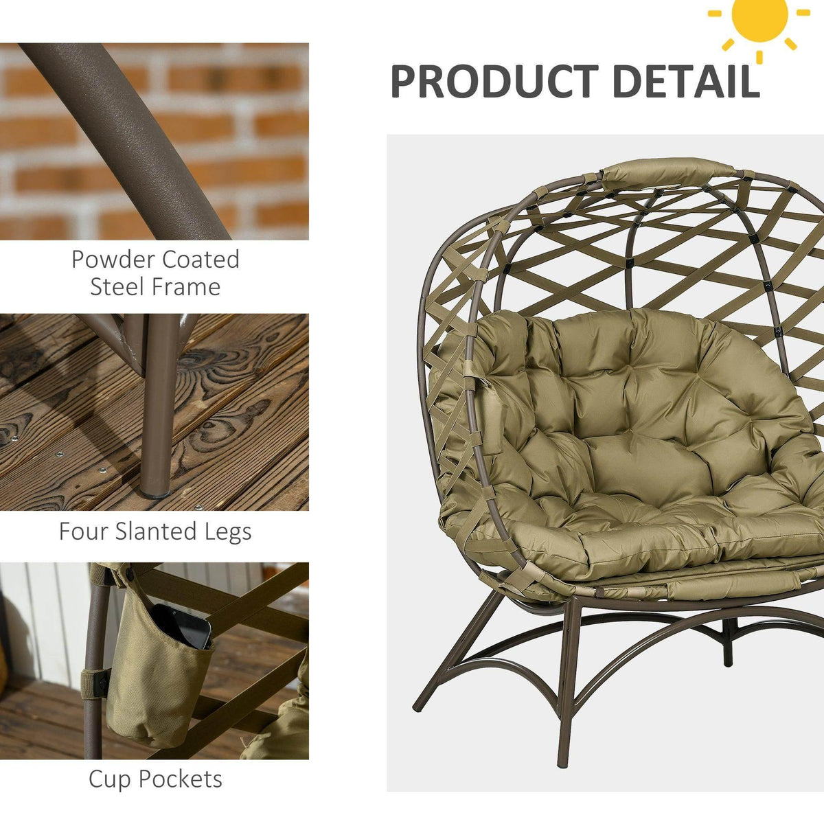 Khaki egg chair with padded cushion, powder-coated steel legs, and cup pocket details