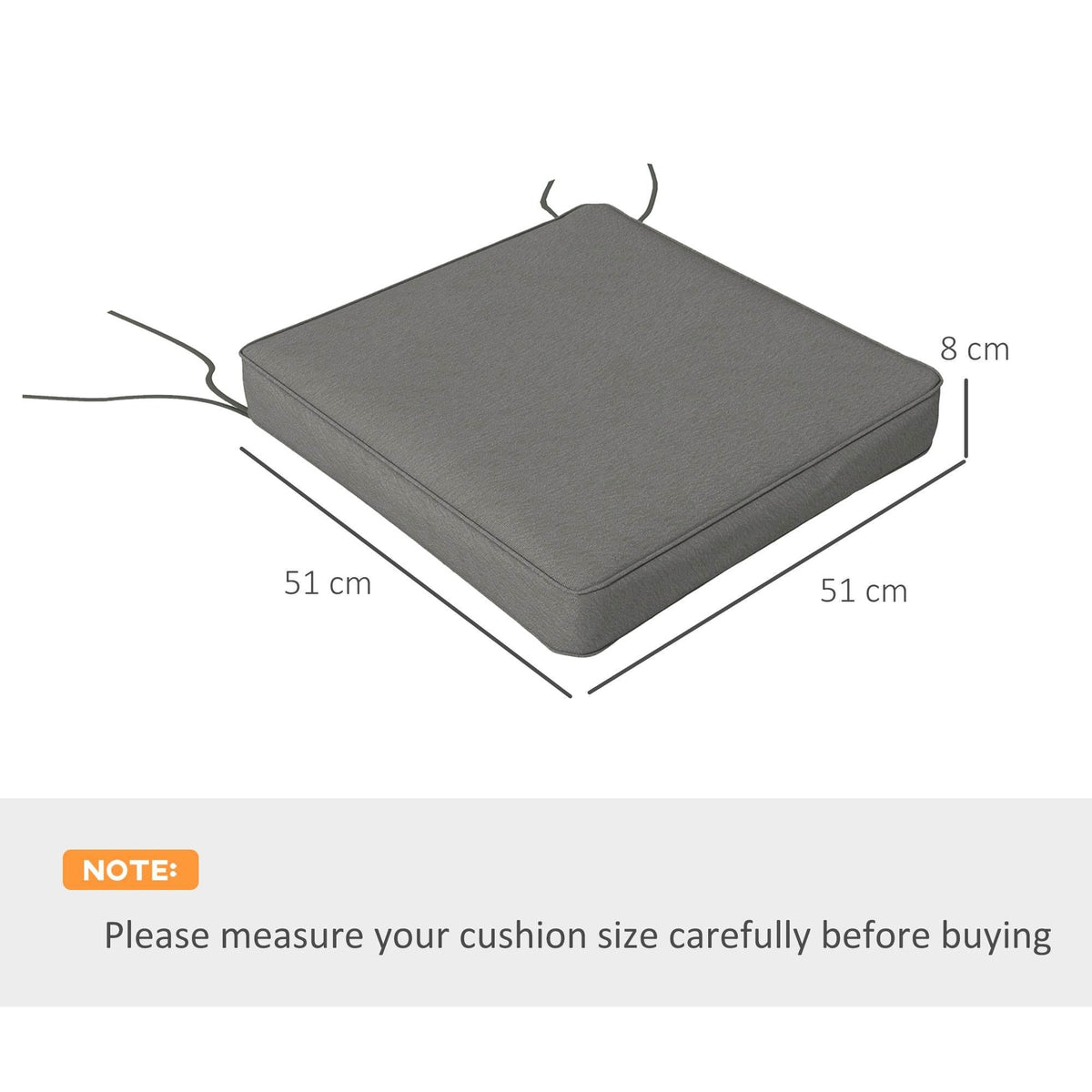 Single charcoal grey square seat cushion with corner ties and 8 cm thickness