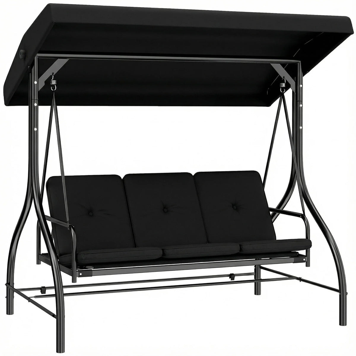 Black metal 3-seat swing chair with canopy and three-section padded backrest