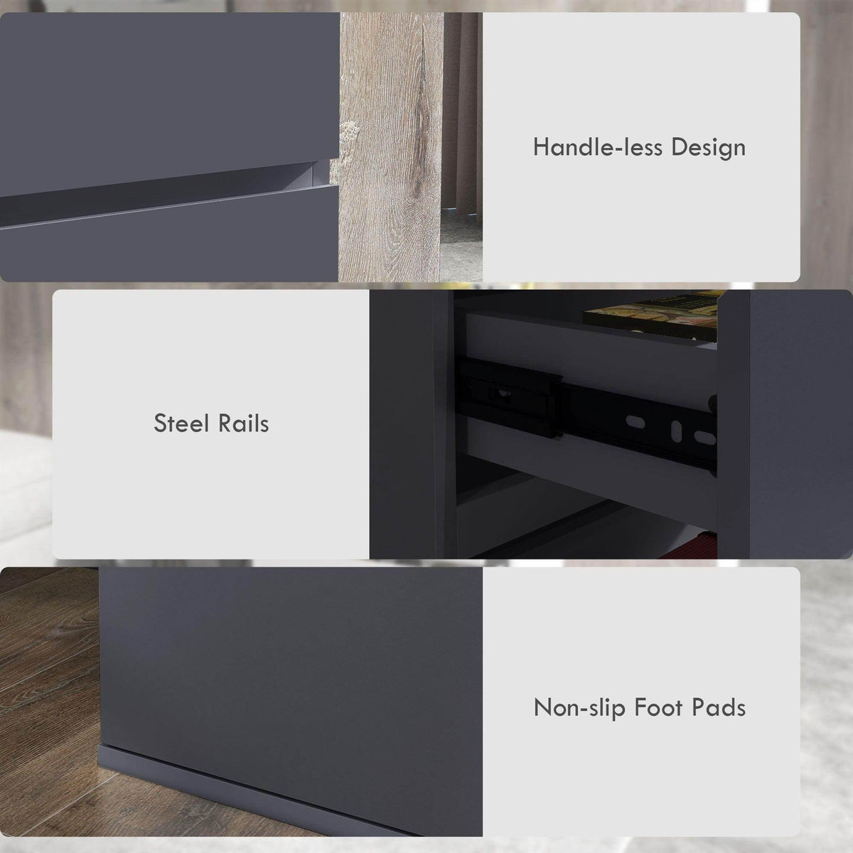 Dark gray drawer dresser showing steel rails and handle-less design inside