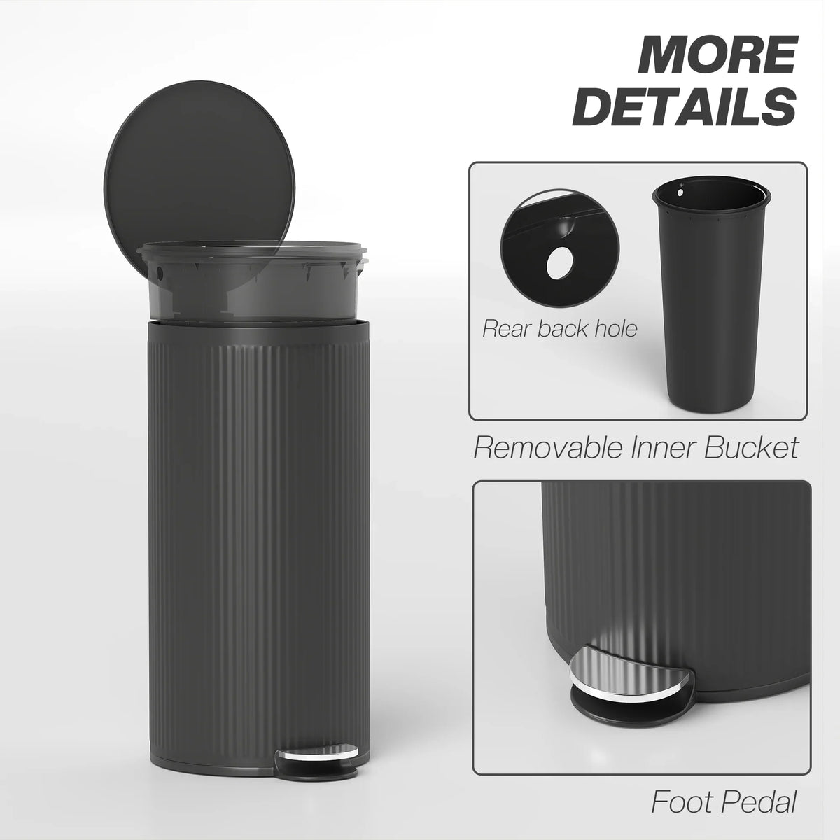 Black pedal trash bin with rear back hole, removable inner bucket, and foot pedal