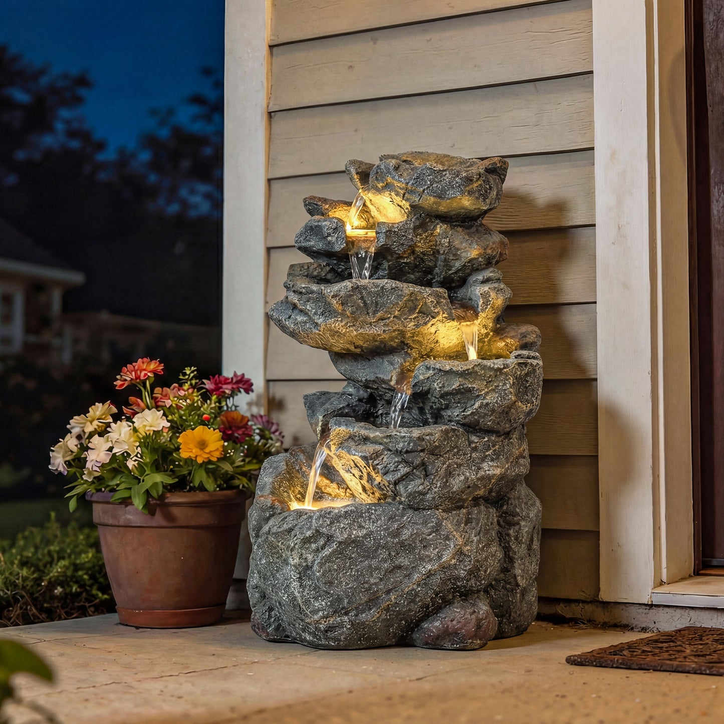 Outsunny 6-Tier Rock Style Outdoor Water Fountain With Cascading Waterfall LED Lights Adjustable Flow Grey