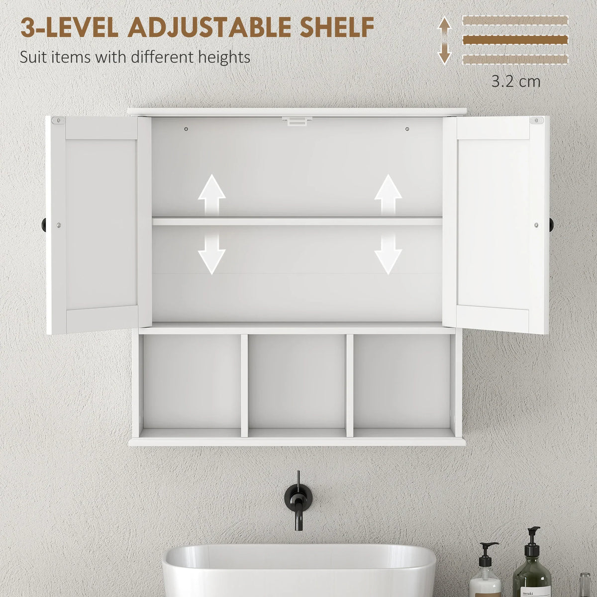 White wall-mounted cabinet with double doors open and adjustable shelves inside three levels.