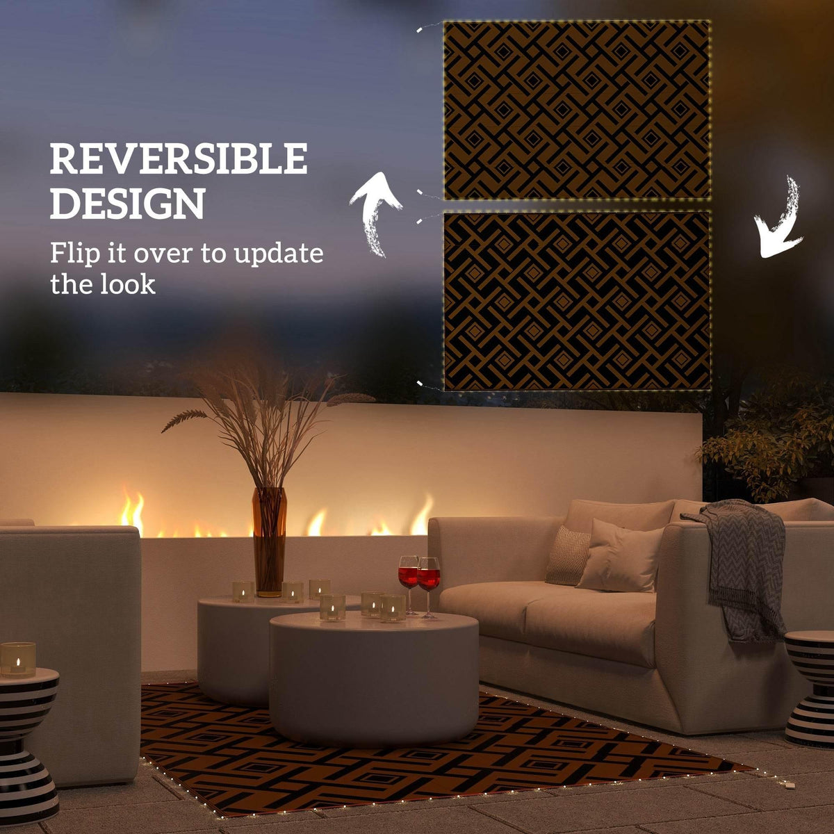 Reversible outdoor rug with LED lights, two brown-and-black patterned sides shown