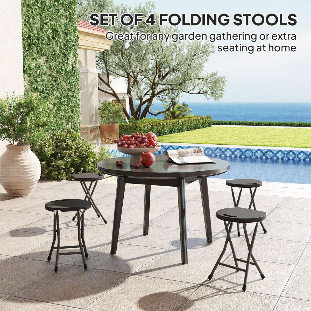 Set of four charcoal grey folding stools with round seats for garden dining and extra seating
