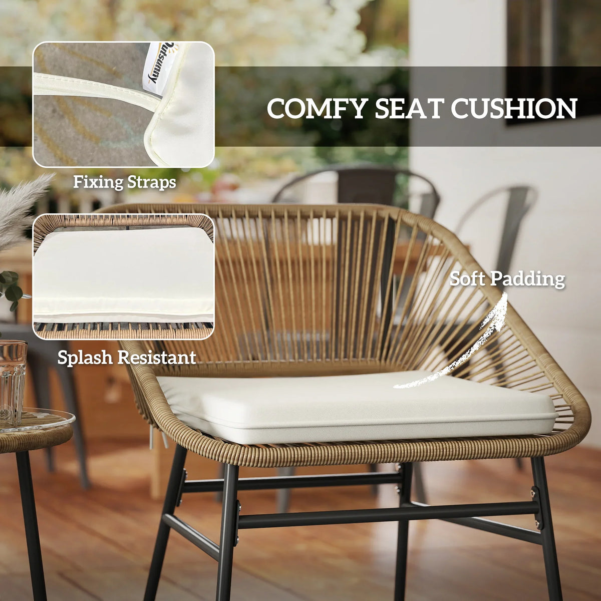 Rattan bistro chair seat cushion with soft padding and securing straps