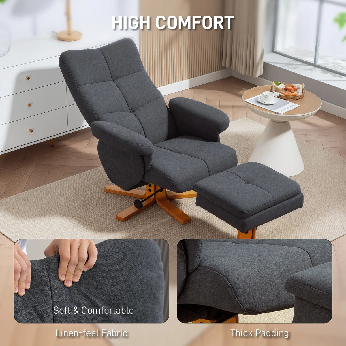Grey linen-look recliner with thick padding, soft fabric feel, and ottoman footrest