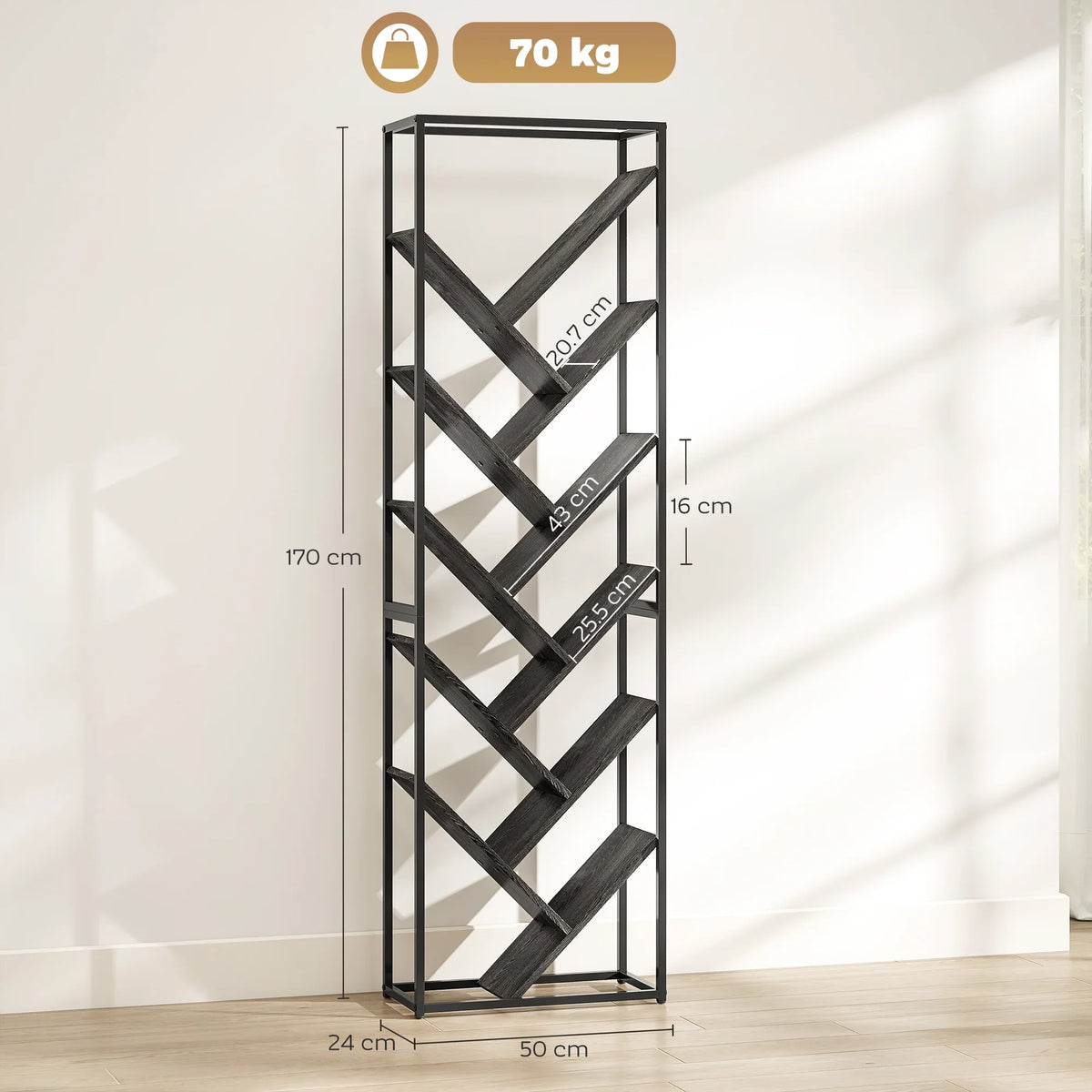 Industrial 10-tier tree bookshelf, black metal frame with cross-brace and shelf tiers