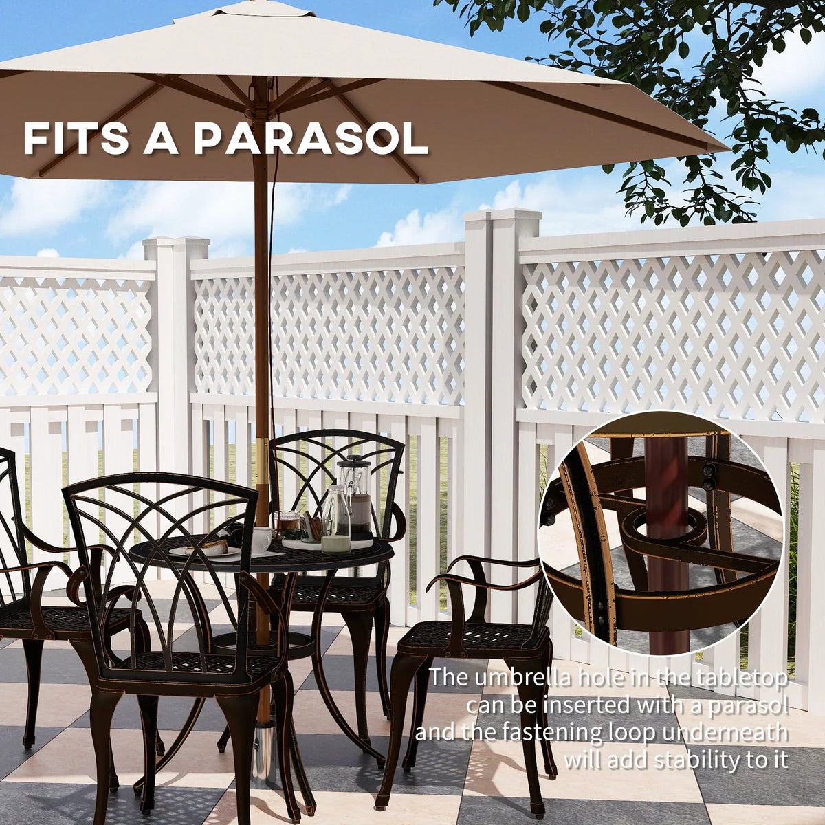 Bronze cast aluminum dining set with parasol hole round table and lattice armchairs