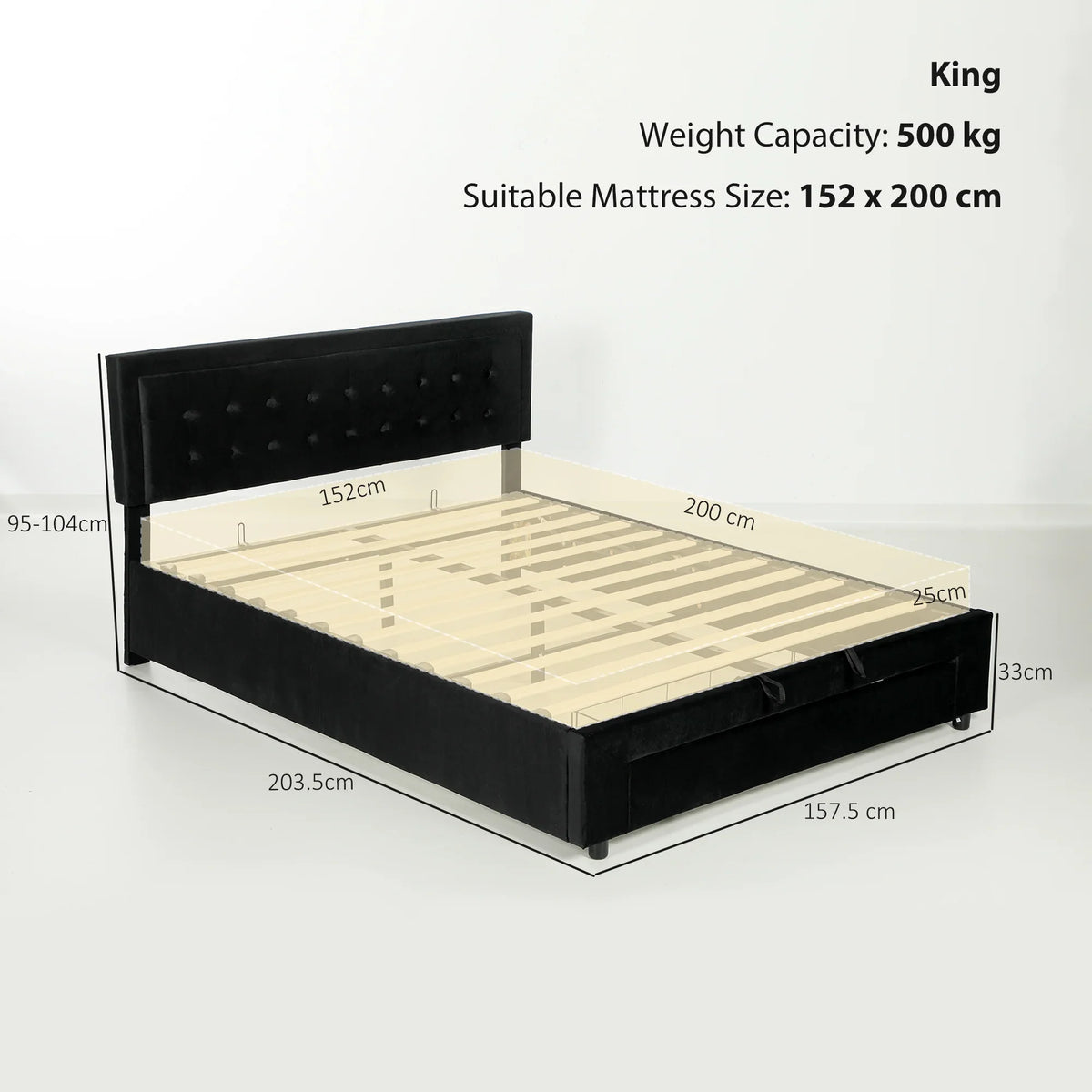 King size ottoman bed frame with tufted headboard and under-bed storage base