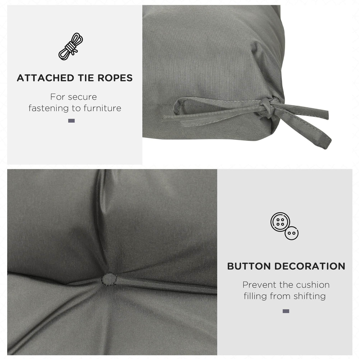 Light grey chair cushion with backrest, attached tie ropes and buttoned tuft seams