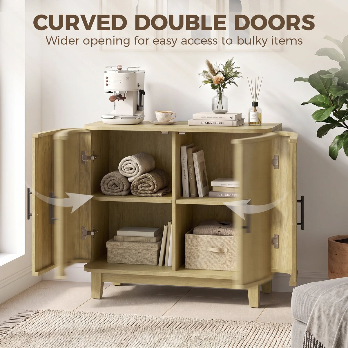 Light wood sideboard cabinet with curved double doors open to reveal storage shelves