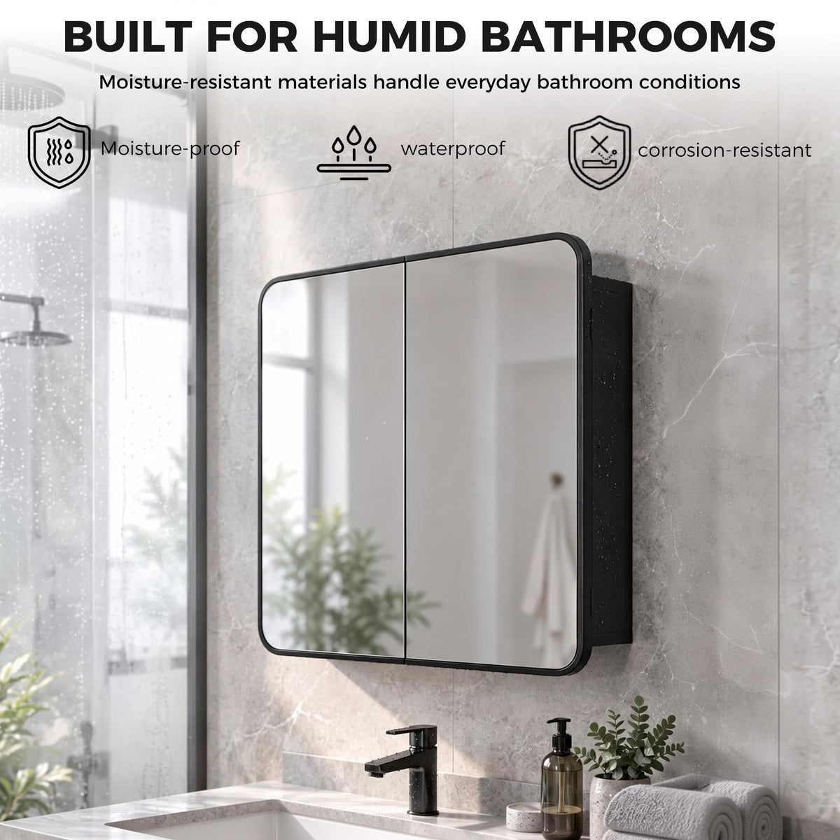 HOMCOM Black Wall Mounted Medicine Cabinet Mirror Storage Magnetic Doors