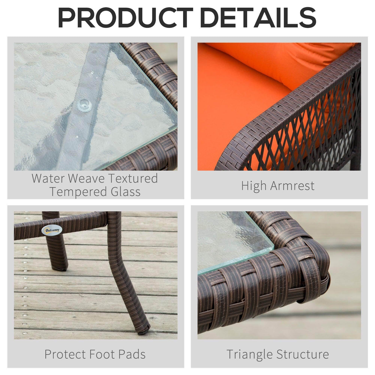 Outdoor bistro set corner detail with dark brown woven frame and orange cushion