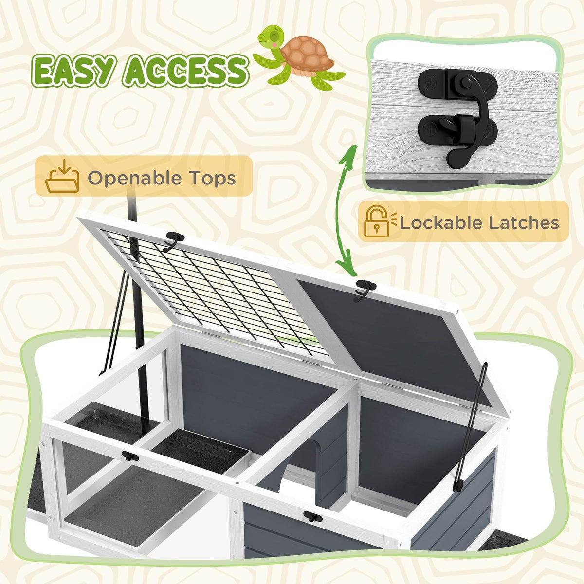 Grey reptile enclosure with openable lids and lockable latches on the side