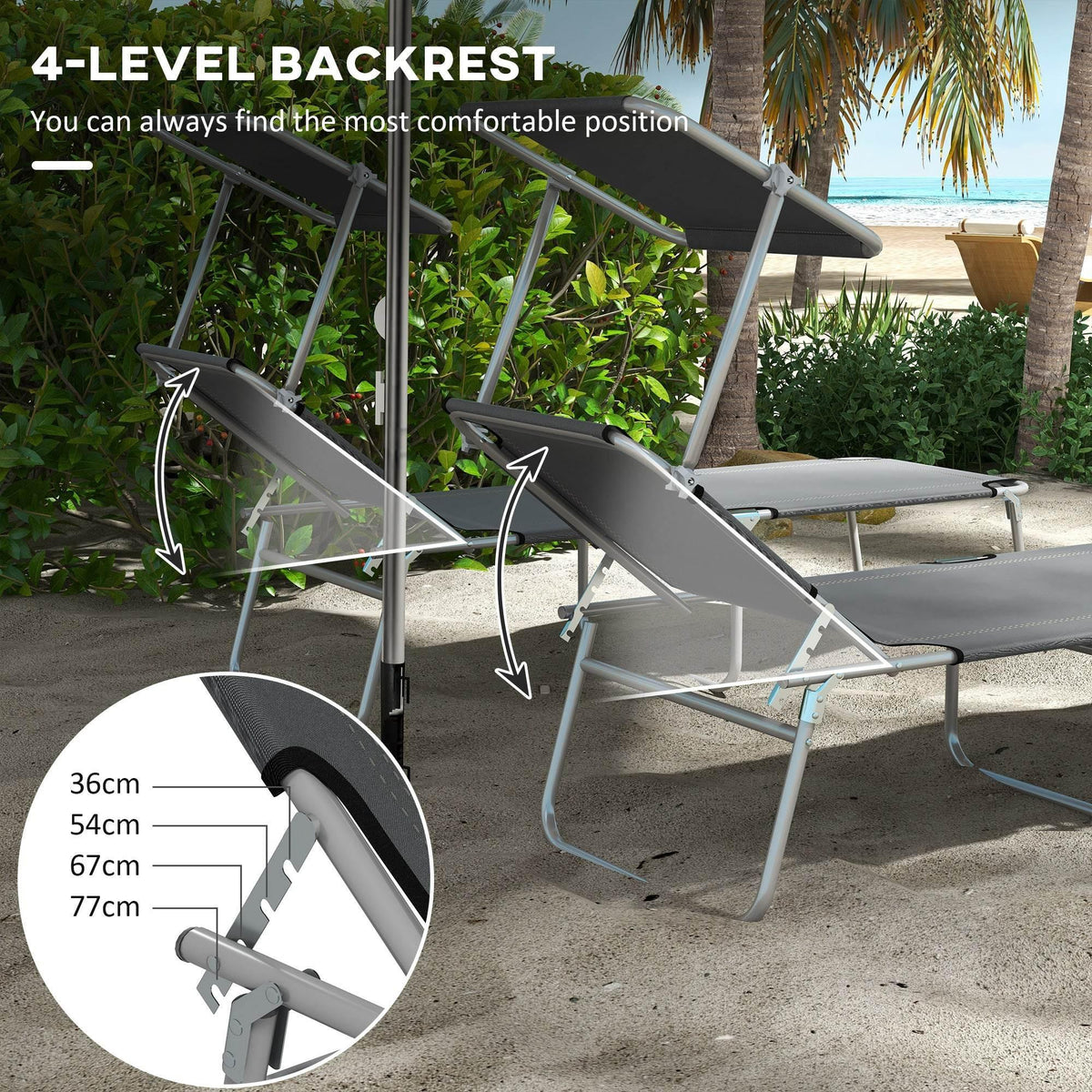 Adjustable reclining sun lounger with multi-position backrest and tilt legs